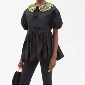 Cecilie Bahnsen Mie Embroidered-Collar Cotton-Poplin Blouse in black - Size 8